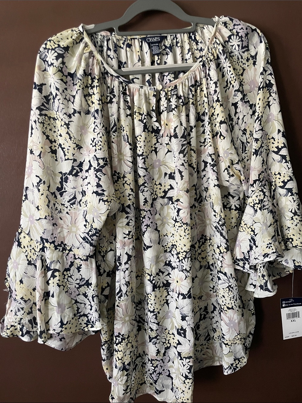 Chaps Navy Floral Peasant Blouse with Cream & very pale lilac